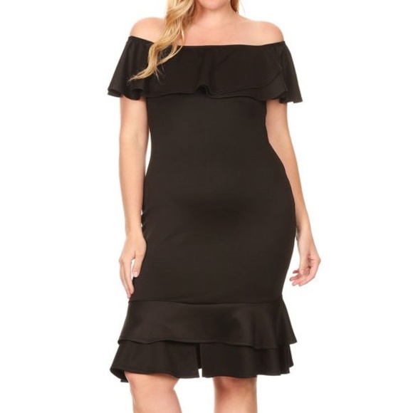 Dresses & Skirts - Plus Black Off Shoulder Ruffle Bodycon Dress